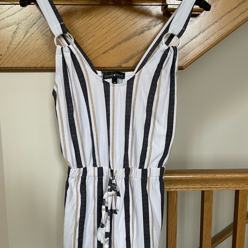 Derek Heart White Black Tan Striped Sleeveless Jumpsuit